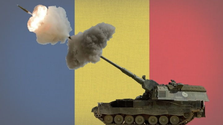 PzH-2000 tracked self-propelled howitzer with romanian flag as background