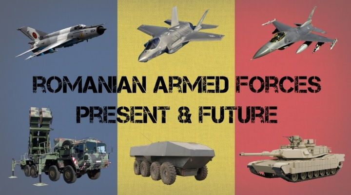 military equipment mig-21 aircraft f-35 aircraft f-16 aircraft MIM-104 Patriot missile system tbt 8x8 armoured personnel carrier m1 abrams tank with romanian flag in background